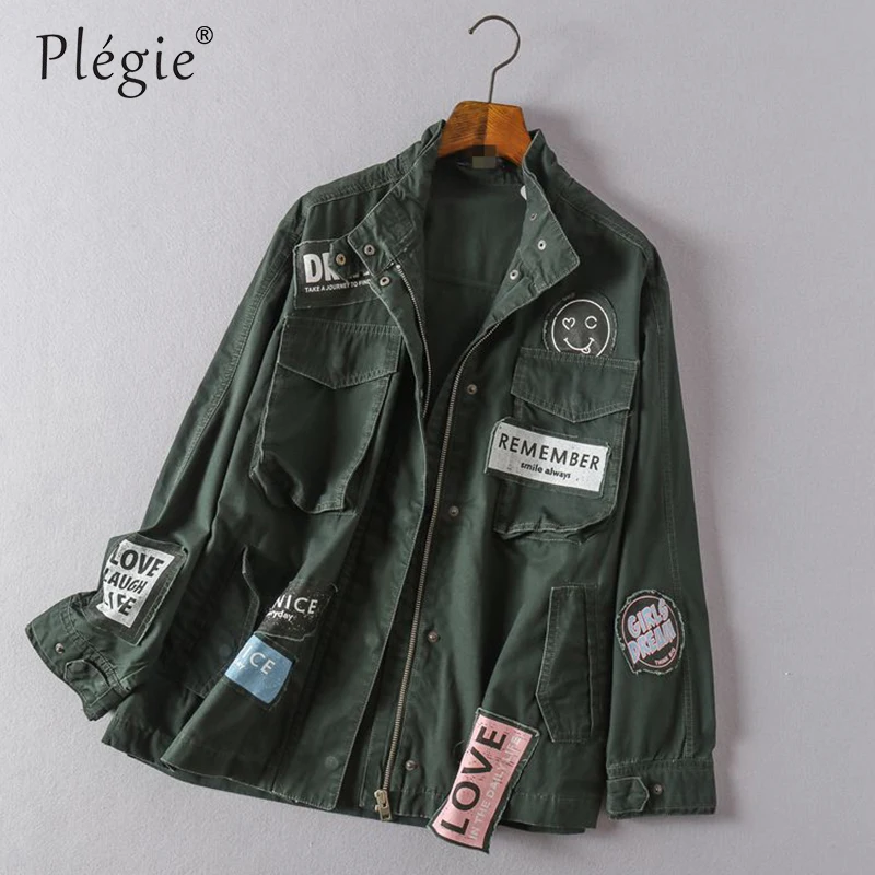 

Plegie Armygreen Coats And Jackets Women 2019 Spring Autumn Embroideried Long Sleeve Bomber Jacket Harajuku Print Chaqueta Mujer