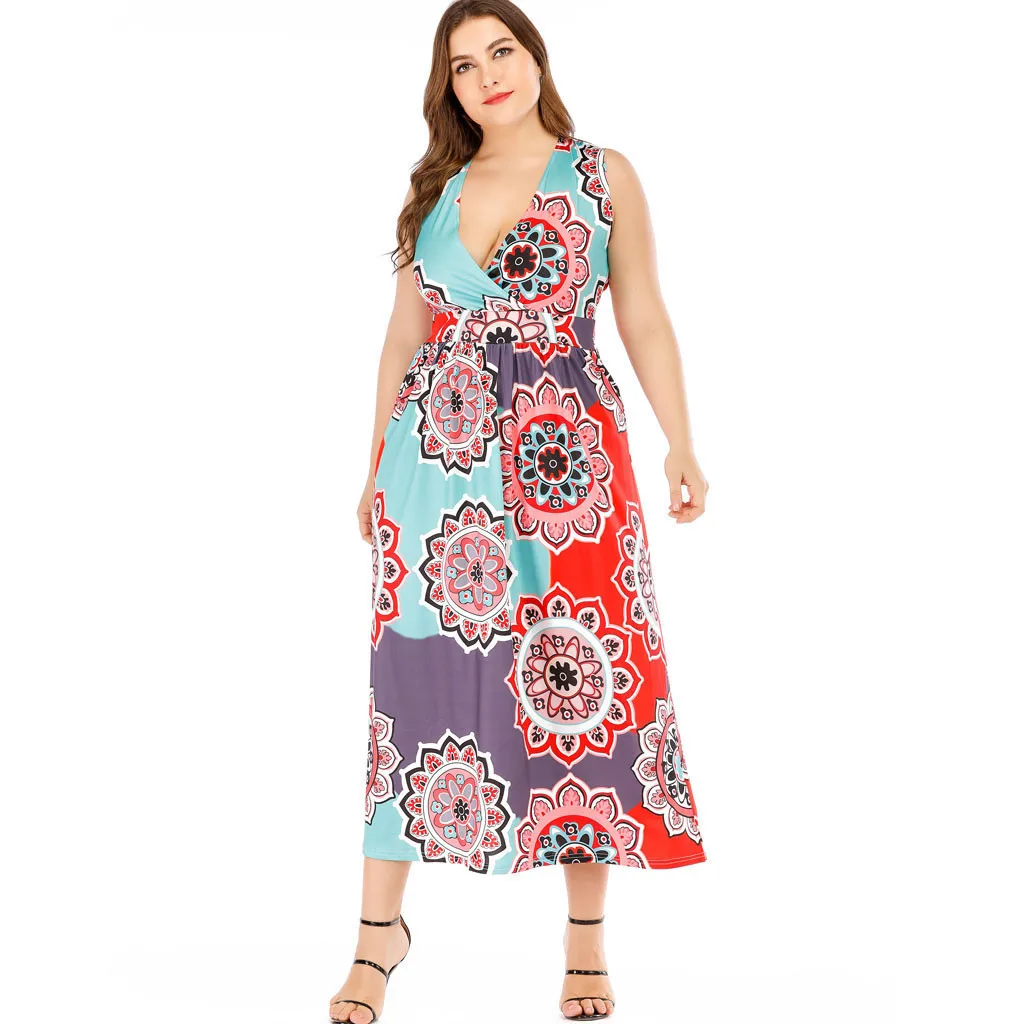 

JAYCOSIN Summer Women Dresses Plus size Flower Print 2019 Femme Party Long Dress Big Size V neck Casual Large Size Dress vestido