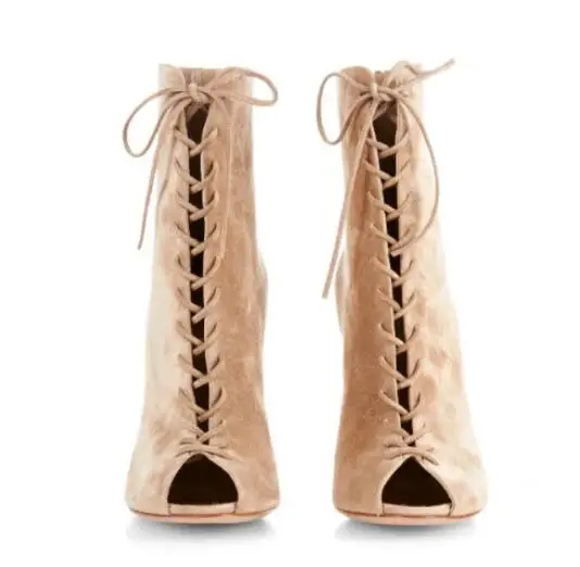 

2019 Summer New Style Lace-Up Women Booties Apricot Peep Toe Suede Leather High Heel Women Ankle Fashion Boots Free Shipping