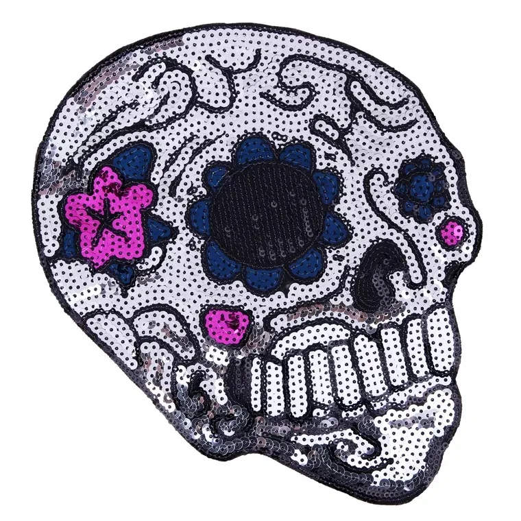 

2 PCS 23.2*17.8cm Skull Patches Colored Sequined Patch Sew On Iron On Clothes Patch 3D Sketelon Applique DIY Stickers Decoration