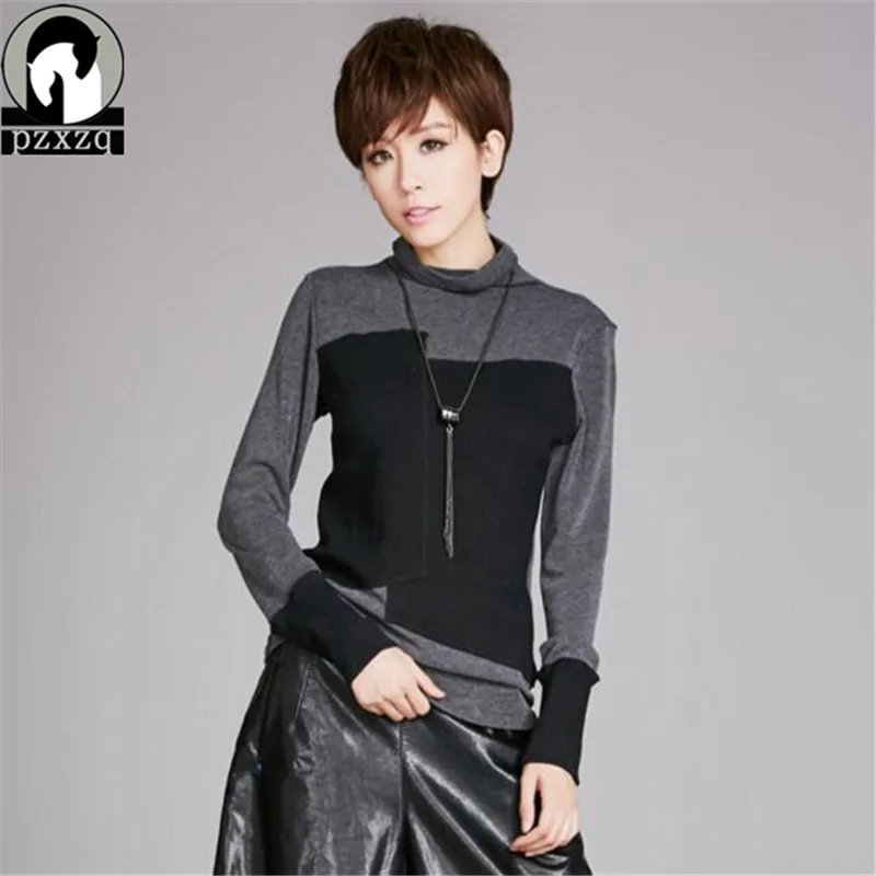 2020 Camisetas Mujer футболка Женские топы Модные черные и серые Лоскутные водолазки с