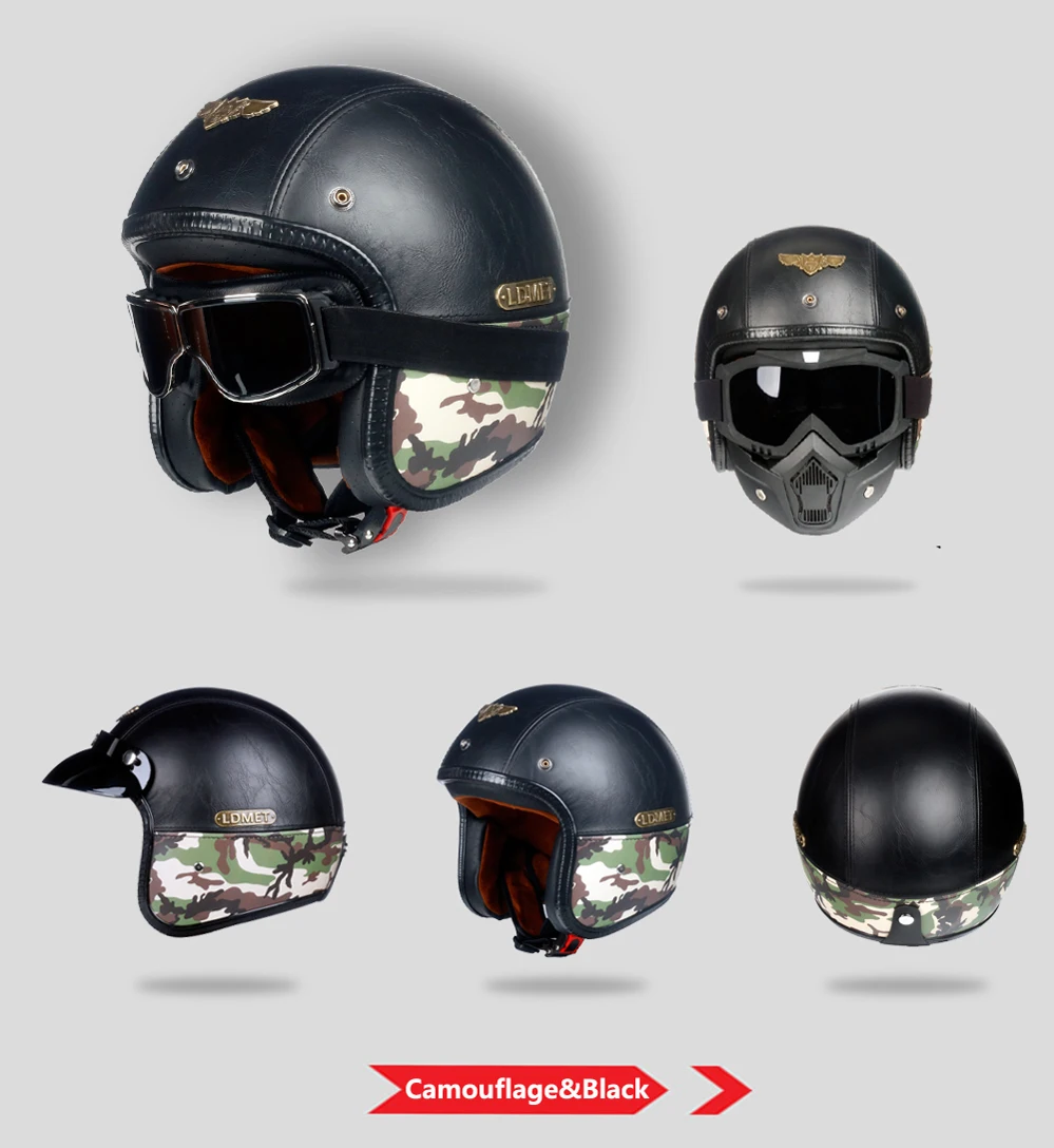 LDMET Кожа PU casco moto Винтаж moto rcycle шлем с открытым лицом камуфляж capacetes de moto ciclista vespa Кафе racer