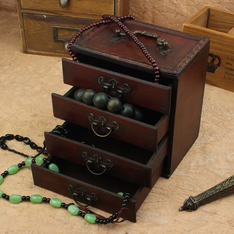 

Wooden Box jewelry dressing box with four layers of retro drawer with a mirror caixa boite de rangement organizador de gaveta