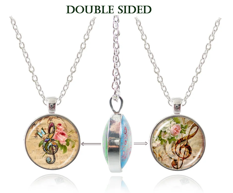 Music jewelry note necklace Treble clef glass photo cabochon double