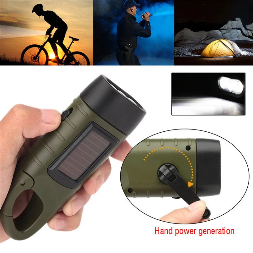 Outdoor Rechargeable 3LED Flashlight Hand Crank Dynamo&Solar Powered Torch for night Cycling camping Small and light in weight