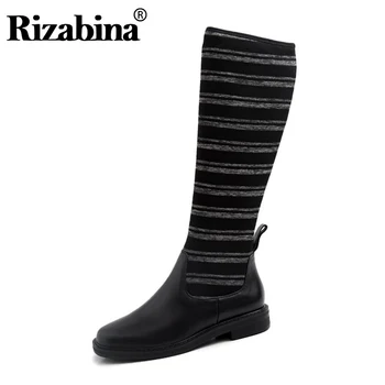 

RIZABINA Women Real Leather Slip On Knitting Long Boots Round Toe Casual Flats Shoes Woman Comfortable Female Botas Size 34-42