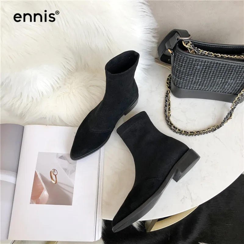 ENNIS/ г.; модные ботинки на плоской подошве; тянущаяся ткань; носки; женские ботильоны с острым носком; Осенняя обувь из замши; черный цвет; A981