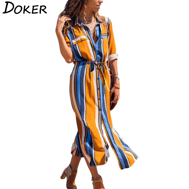 

2019 Office Ladies Long Sleeve Striped Shirt Dress Women Turn-down Collar Long Chiffon Beach Dress Plus Size Elegant Party Dress