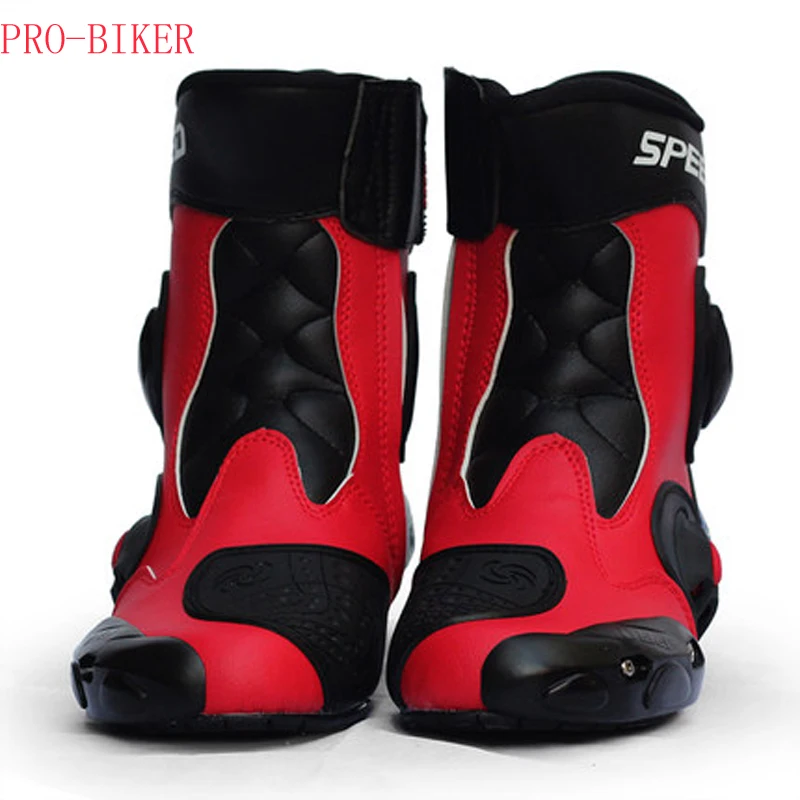 

Men Motorcycle Boots Pro-biker Speed Bikers Moto Racing Leather Shoes Black/red/white Free Shipping A004