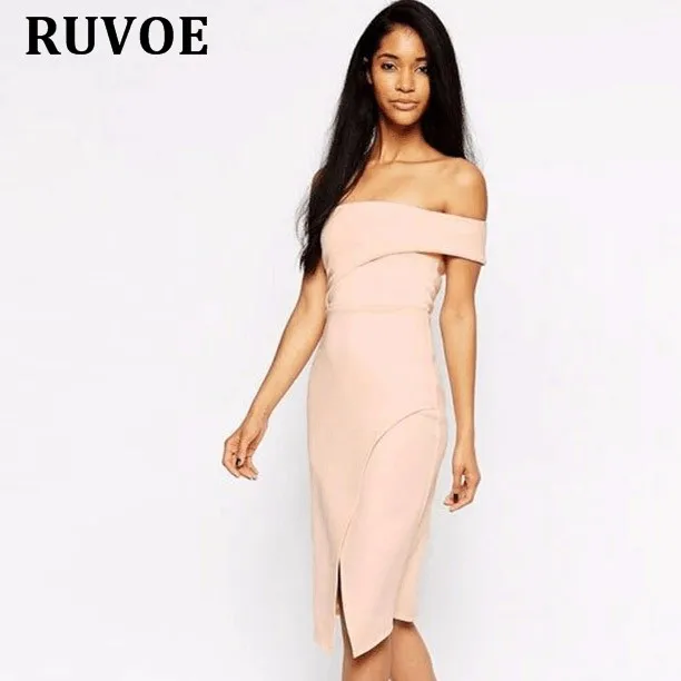 

Hot Sell Nude Pink One shoulder Front Split Bodycon Women Casual Party Dresses Bandage Knee Length Sexy Dress BH-217