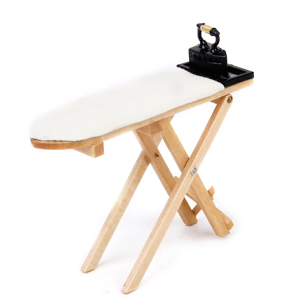 Dolls house Miniature sewing room Iron Wooden Ironing Board Set for 1/12 Scale