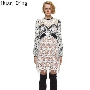

High Quality Self Portrait Dress Runway Women Sexy Lace Embroidery Hollow Out Party Dresses Summer Print Long Sleeve Mini Dress
