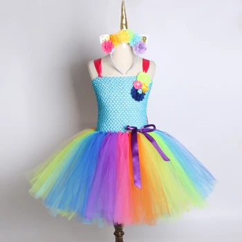 

Rainbow unicorns princess party dress tutu dress handmade high quality girls tulle Ballet Child Ceremonies Dress for 2-12Y