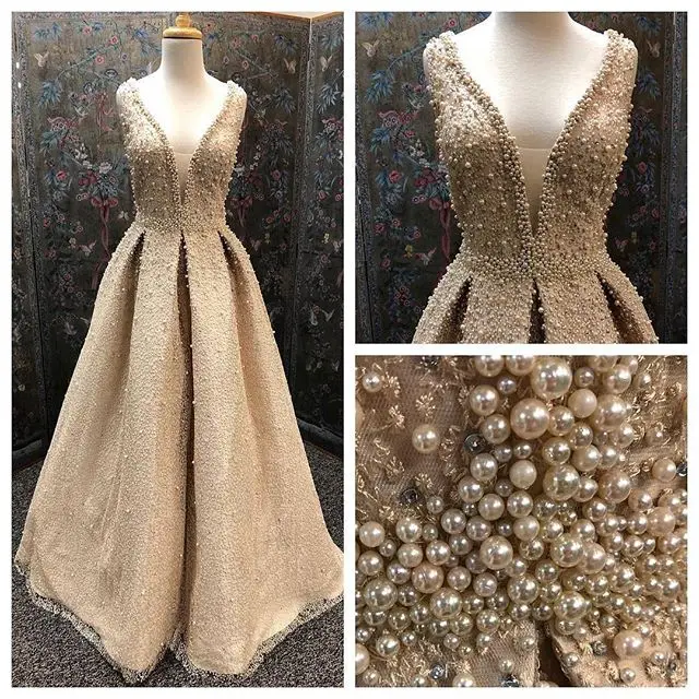 

Bling Bling New Long Evening Dress 2018 V-Neck Sleeveless A-Line Pearls Full Covered Floor Length Formal Dresses Vestidos