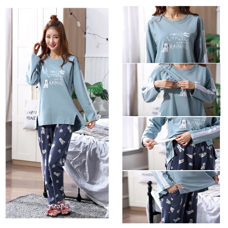 

2019 Spring Maternity Cotton Pajamas Suit Long Sleeve Pyjamas Breastfeeding Nursing Sleepwear Set Lactation Pajamas