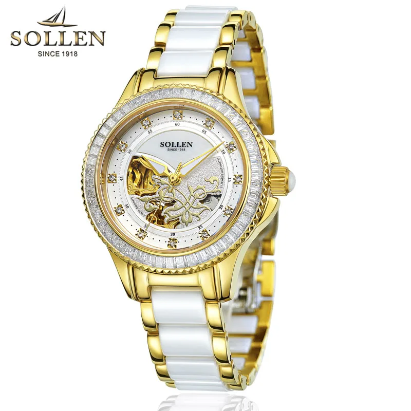 SOLLEN роскошные женские часы Стальные водонепроницаемые часы Керамические розовое золото ремешок автоматические механические часы для девочек Relogio Feminino - Цвет: Золотой