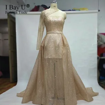 

Single Sleeve Sexy One-shoulder Evening Dress Champagne Glitter Long Prom Dress Detachable Train Evening Gown