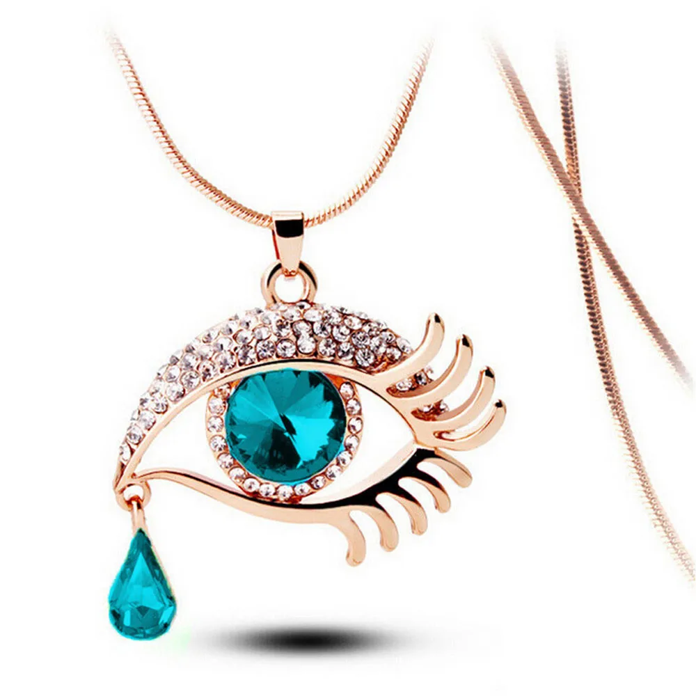 

susenstone New Crystal Magic Eyes Eyelashes Tear Drop Pendant Necklace Women Jewelry Long Sweater Chain Necklace Girls Gifts