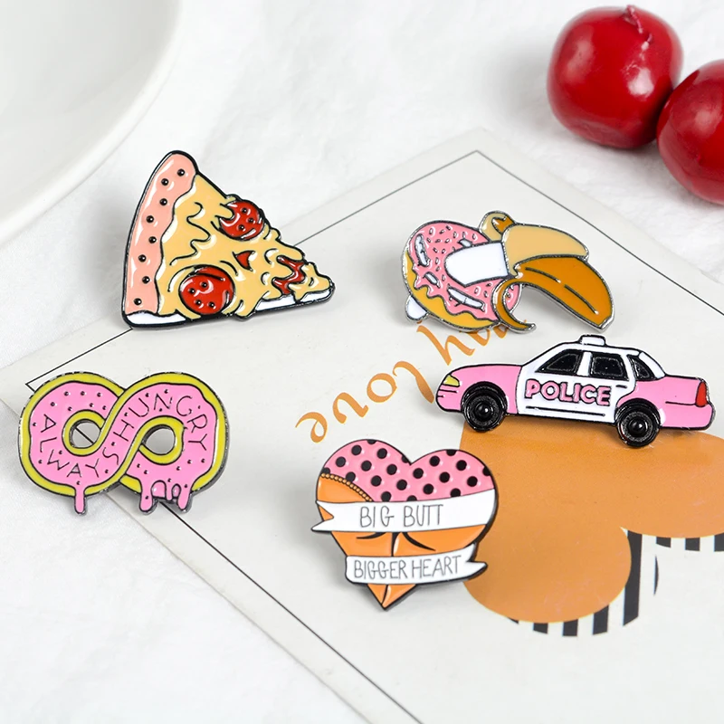 

Food Pizza Donut Banana Brooch Car Butt Heart Pin Enamel Pin Badge Pink brooches for women Backpack Coat Collar Lapel Pin Buckle