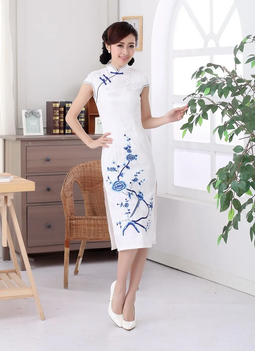 Шанхай история Топ-класс Длинные Цветочные Cheongsam Qipao платье Китайская традиционная одежда белый восточные платья для женщин