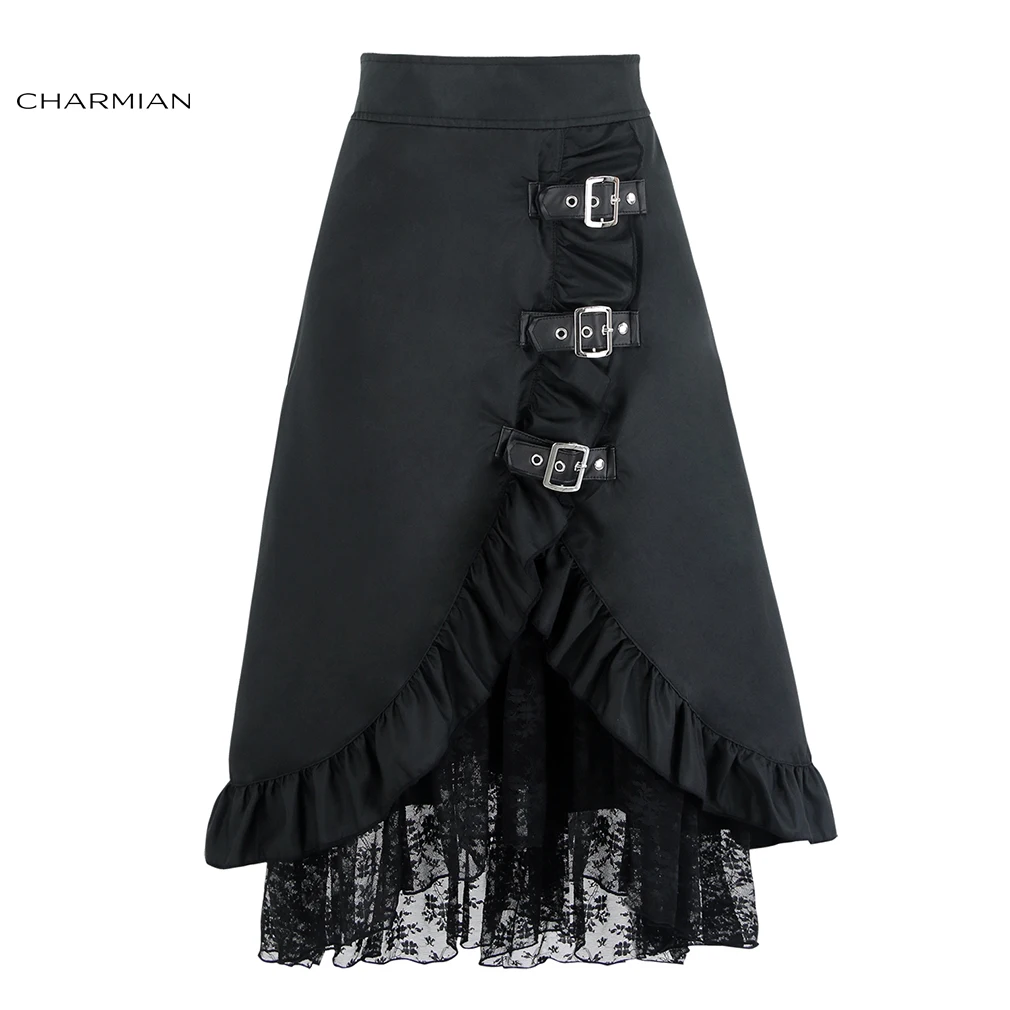 

Charmian Women's Steampunk High Waist Skirts Gothic Victorian Black Floral Lace Skirt Medieval Renaissance Asymmetrical Skirts