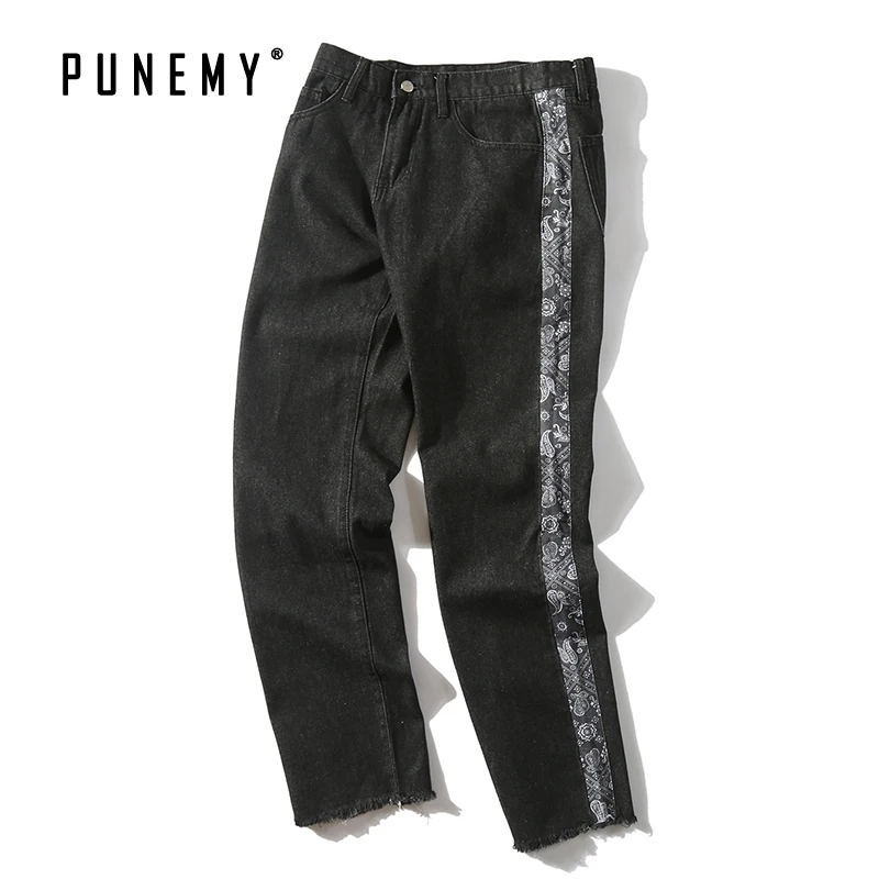 Мужские джинсы Харадзюку с узором в полоску, с боковыми рваными лодыжками, в стиле хип-хоп, Японская уличная панк, винтажные осенние мужские