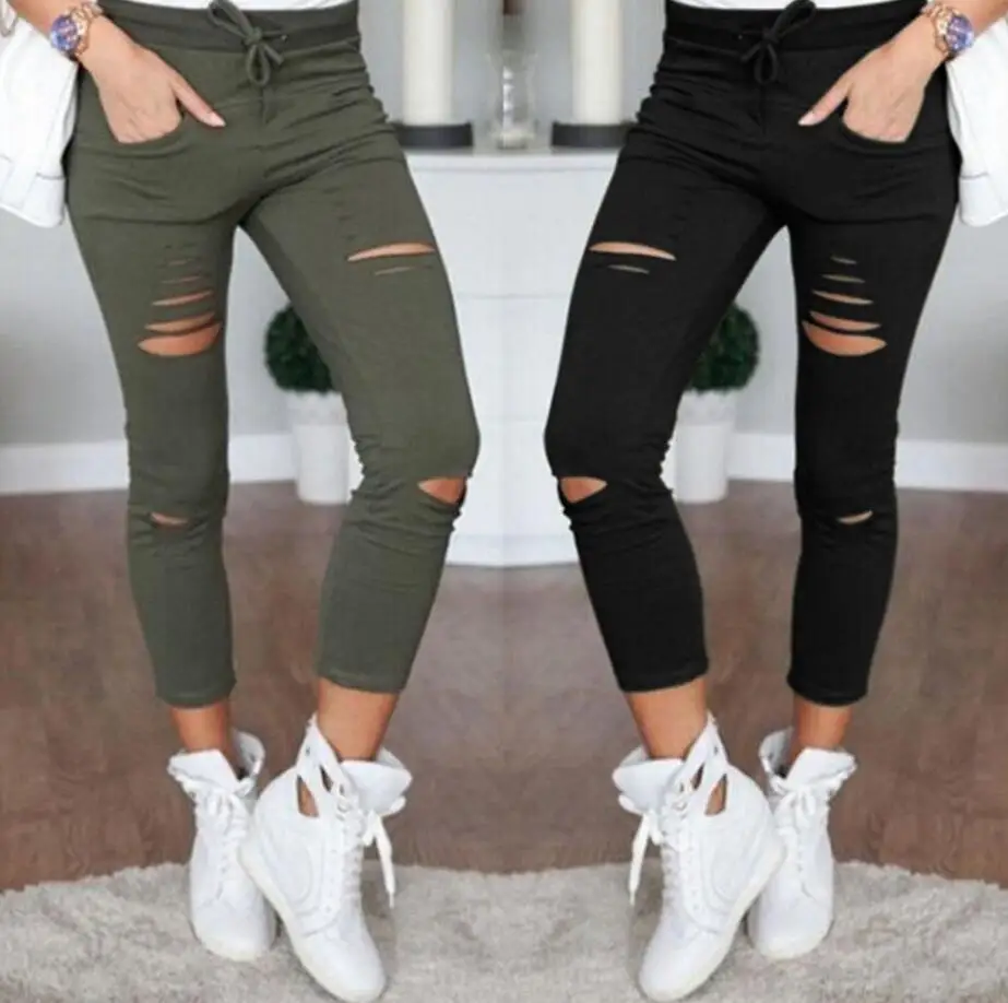 

New 2019 Skinny Jeans Women Denim Pants Holes Destroyed Knee Pencil Pants Casual Trousers Black White Stretch Ripped Jeans
