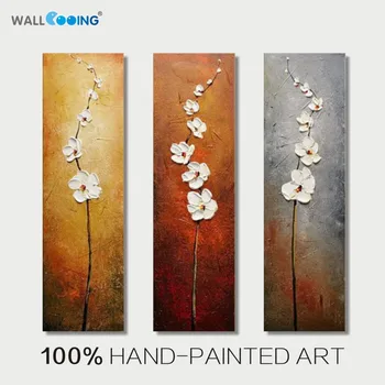 

100% hand-painted 3 panel abstract Vertical white flowers oil painting canvas decoration picture wall art modern home paintings