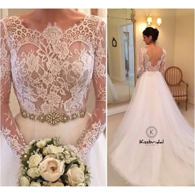 

Backless Cheap Wedding Dress 2018 Lace Long Sleeve Beading Belt Tulle Bride Wedding Gowns A-line Style vestido de novia playa