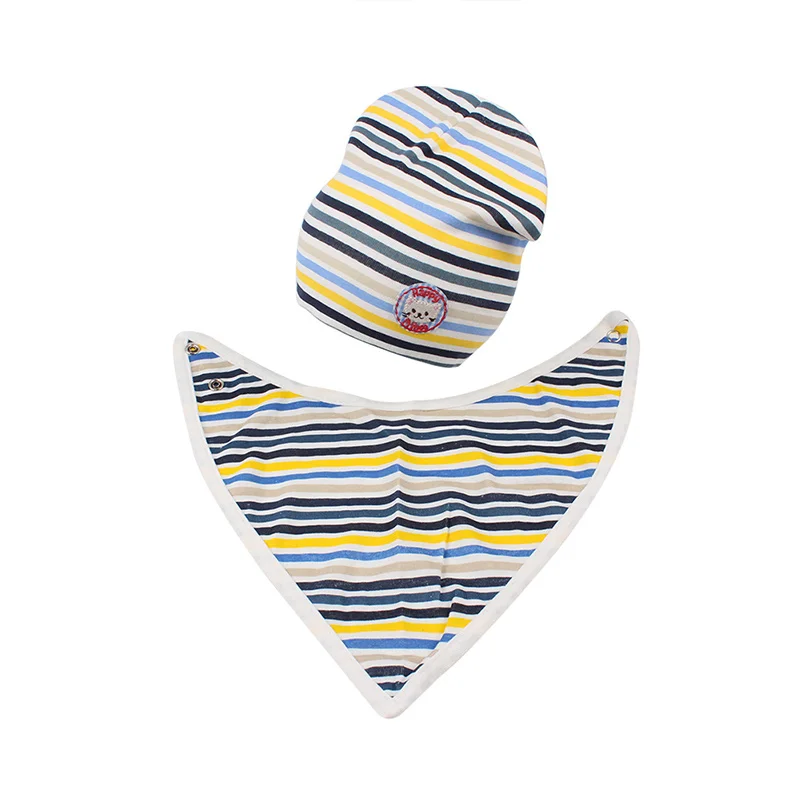 Fashion Striped Baby Hat Bib Set Cotton Infant Baby Beanie Boys Girls Tire Hat With Trangle Bibs Autumn Baby Boys Clothing (9)