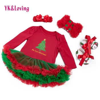 

XMAS Festival Baby Dress Cotton Baby Romper Dress with Tree Print Girls Ruffle Dress Set Clothes for Girl Princess Party Dress