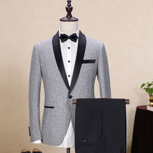 2017 Latest Coat Pant Designs Light Grey Tweed Men Suit Slim Fit Skinny Stylish Custom Groom Blazer 2 Piece Tuxedo Masculino