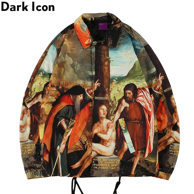 

Dark Icon Full Printed Turn-down Collar Street Dance Jacket Men with String Hemline Cargo Jacket