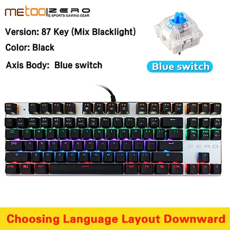 Metoo Edition Mechanical Keyboard 87 keys 104keys Blue Switch Red Switch Gaming Keyboards for Tablet Desktop Russian sticker - Цвет: 87 Black Blue Switch