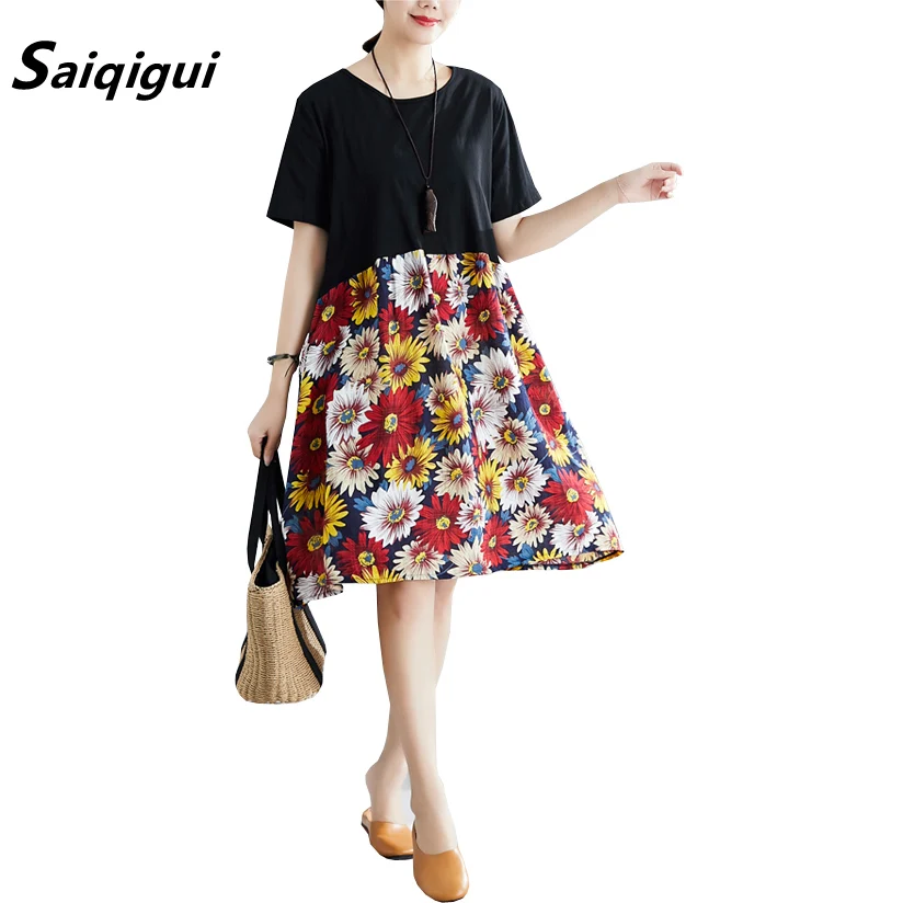 

Saiqigui 2019 spring summer dress Vintage A-Line women dress casual Loose Print O-Neck cotton Linen dress vestidos robe femme