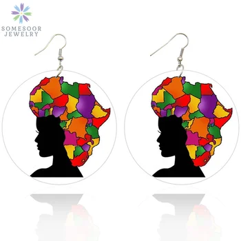 

SOMESOOR United Colors African Map Hair Women Wooden Drop Earrings Both Sides Painting AFRO Artistic Jewelry For Blacks Gift