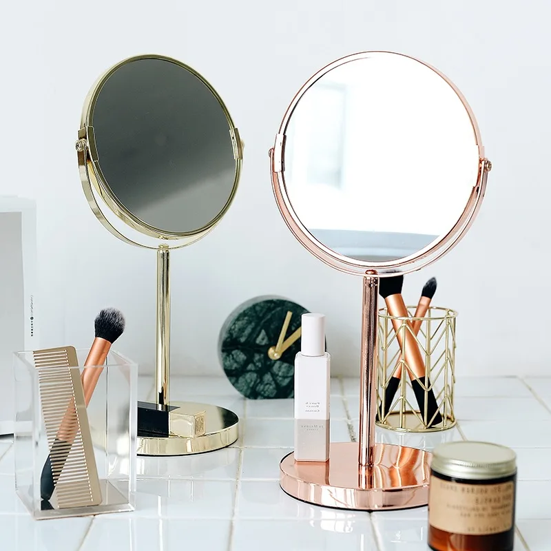 

1pc Elegant Nordic Gold Stainless Steel Desktop Makeup Mirror Bathroom Countertop Double Mirror Simple Dressing Mirror G0504