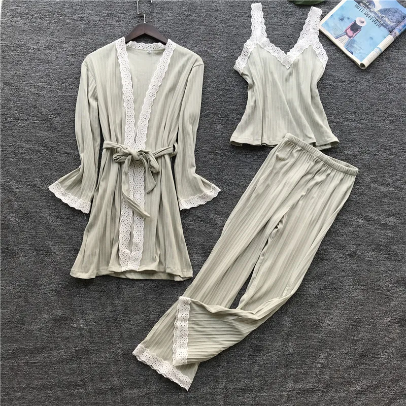 MECHCITIZ/комплект хлопковых пижам для женщин; осенне-зимняя одежда для сна; банный халат; топ и брюки; комплект пижам из 3 предметов; теплая Домашняя одежда с длинным рукавом