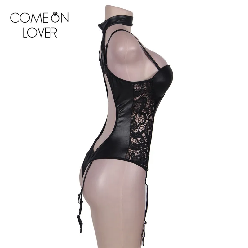 Comeonlover Черный боди из искусственной кожи на косточках размера плюс 5XL с открытой спиной сексуальная женская одежда R80384