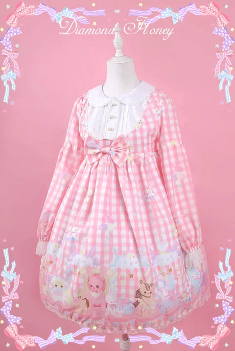 Kawaii Кролик Кукла Плед Проверяет Японские Женские Лолита OP платье с бантом с длинным рукавом Питер Пэн воротник милый цельный розовый и синий - Цвет: Pink Dress