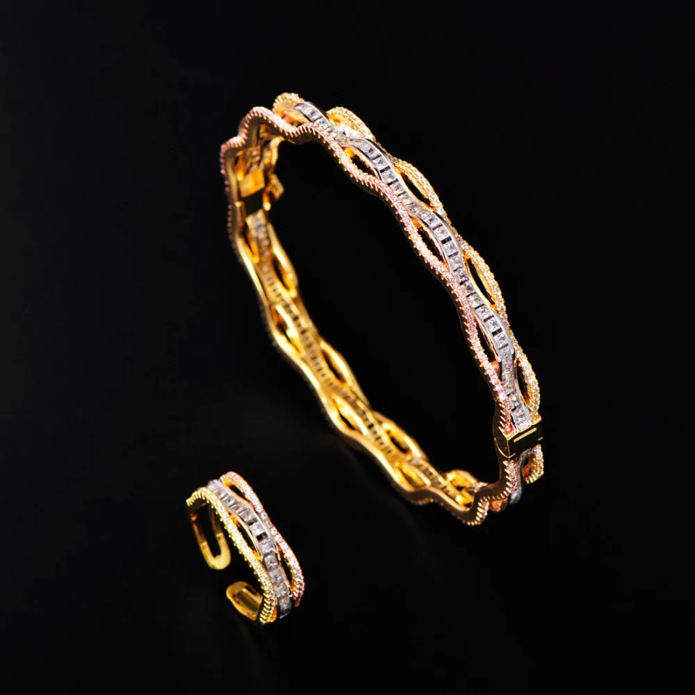 

Blucome Delicate Weaving Waves Bangle Ring Sets AAA Shiny Zirconia Jewelry Women's Banquet Prom Bridal Wedding High Quality Gift
