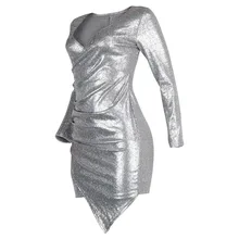 Summer Women Sexy Club Style Sequin Dress Elegant V-Neck Bandage Dress Long Sleeve Short Bodycon Clothing