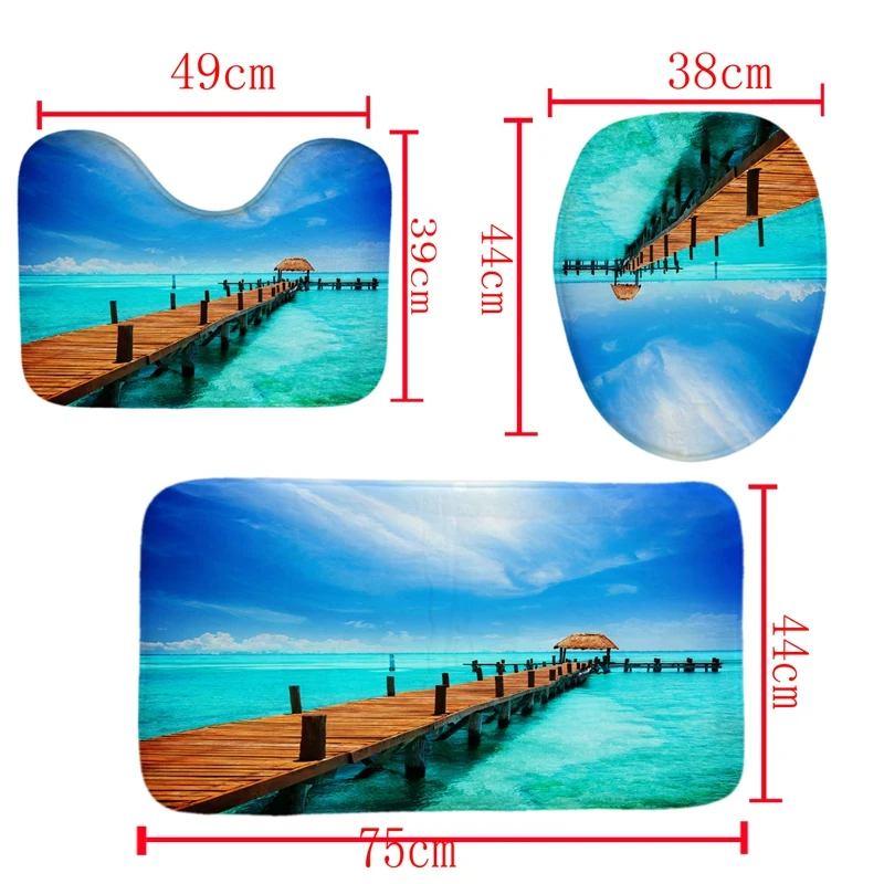 4Pcs Home Bathroom Decor Set Small Bridge Pattern Toilet Seat Cover Bath Mat Set+Waterproof Shower Curtain