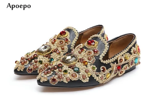 

New Hot Selling Crystal Embellished Shoes Pointed Toe Colorful Rhinestones Flat Shoes Leather Casual Shoes for Woman
