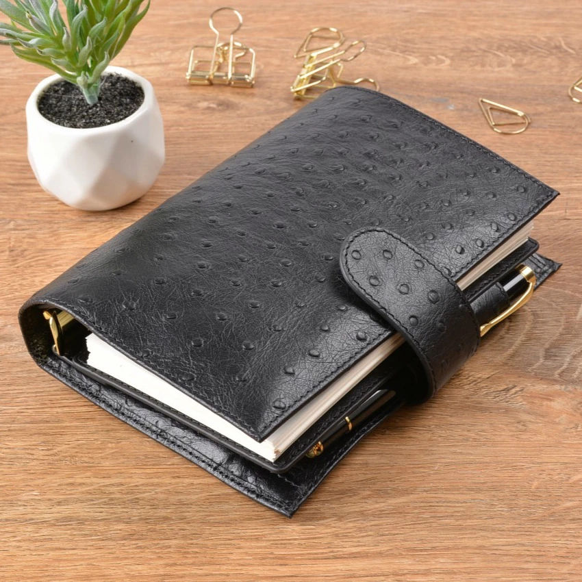 Ostrich Black Color Genuine Leather Rings Notebook 192x135mm Personal Diary Gold Binder Daily Planner Handmade Agenda Organizer