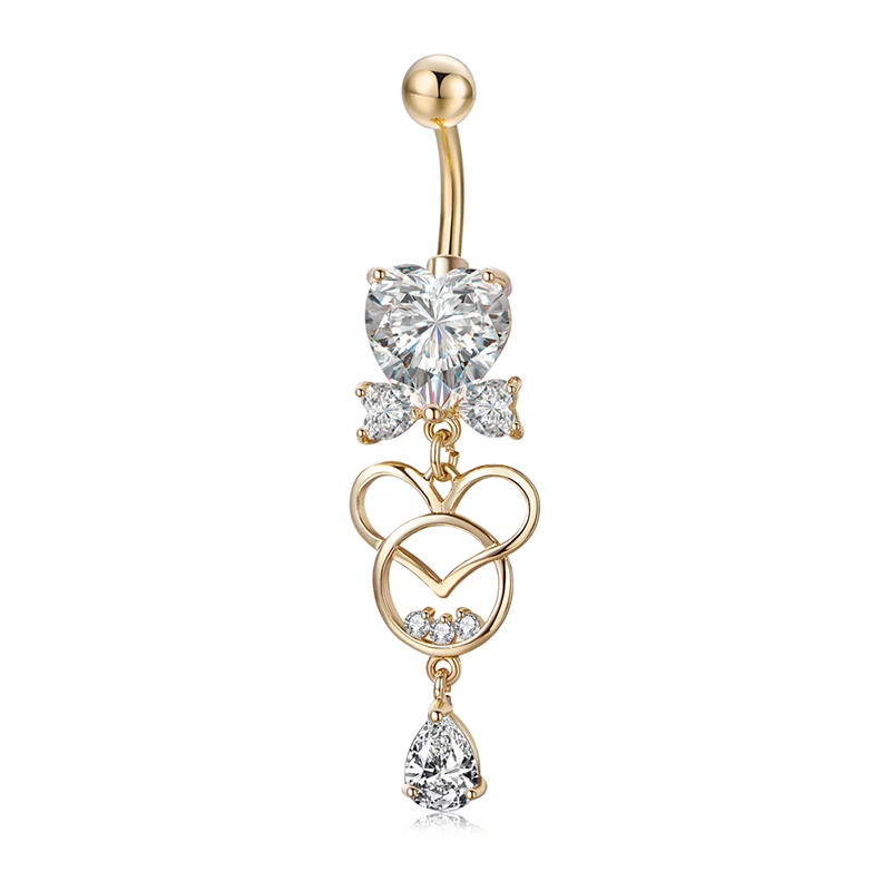 Hot Statement Hollow Double Heart Gold Surgical Steel Piercing Body Jewelry Sexy Crystal Zircon Pendant Belly Button Rings - Окраска металла: P0320JB
