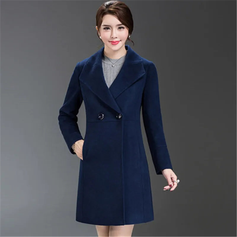 Women's Loose Plus Size Clothing Autumn Winter Fashion Turn Down Collar Double-breasted Slim Wool Trench Coat Jacket XH598 - Цвет: Синий