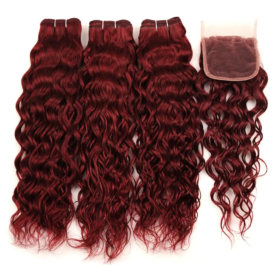 Bold Red Indian Water Wave Human Hair 3 Bundles With Lace Closure Pinshair Hair Non Remy Burgundy 99J Wet Wavy Hair Pre-Colored (9)
