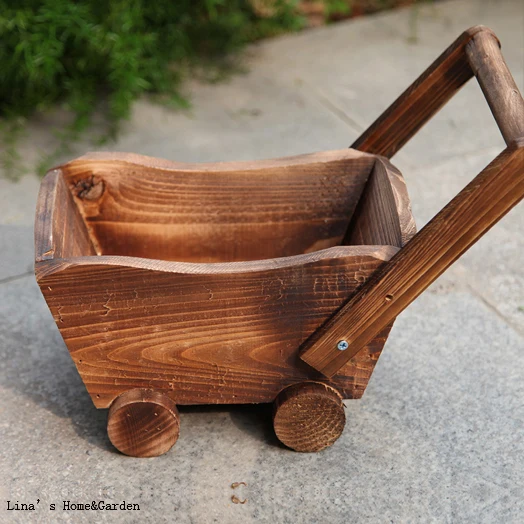 simple design wood tone vintage hand crafted small wooden cart planter (5)