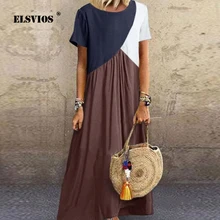 ELSVIOS, Ретро стиль, женское платье с круглым вырезом, с принтом, из кусков, длинное, летнее, короткий рукав, свободное, Пляжное Платье, повседневное, размера плюс, модные платья 5XL